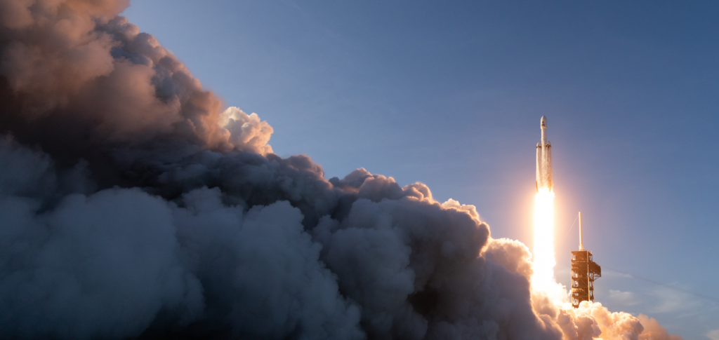 A SpaceX Falcon Heavy rocket launches with NASA’S Nancy Grace Roman Space Telescope onboard